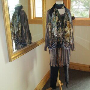 Gae"lle by Kusnadi Tunic Top and Pants plus Outrageous Jungle Cat Fringed Scarf